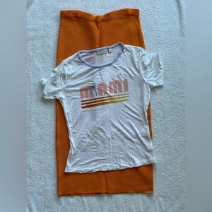 Eva Mendes for New York & Company White Graphic Tee and Orange Fitted Skirt